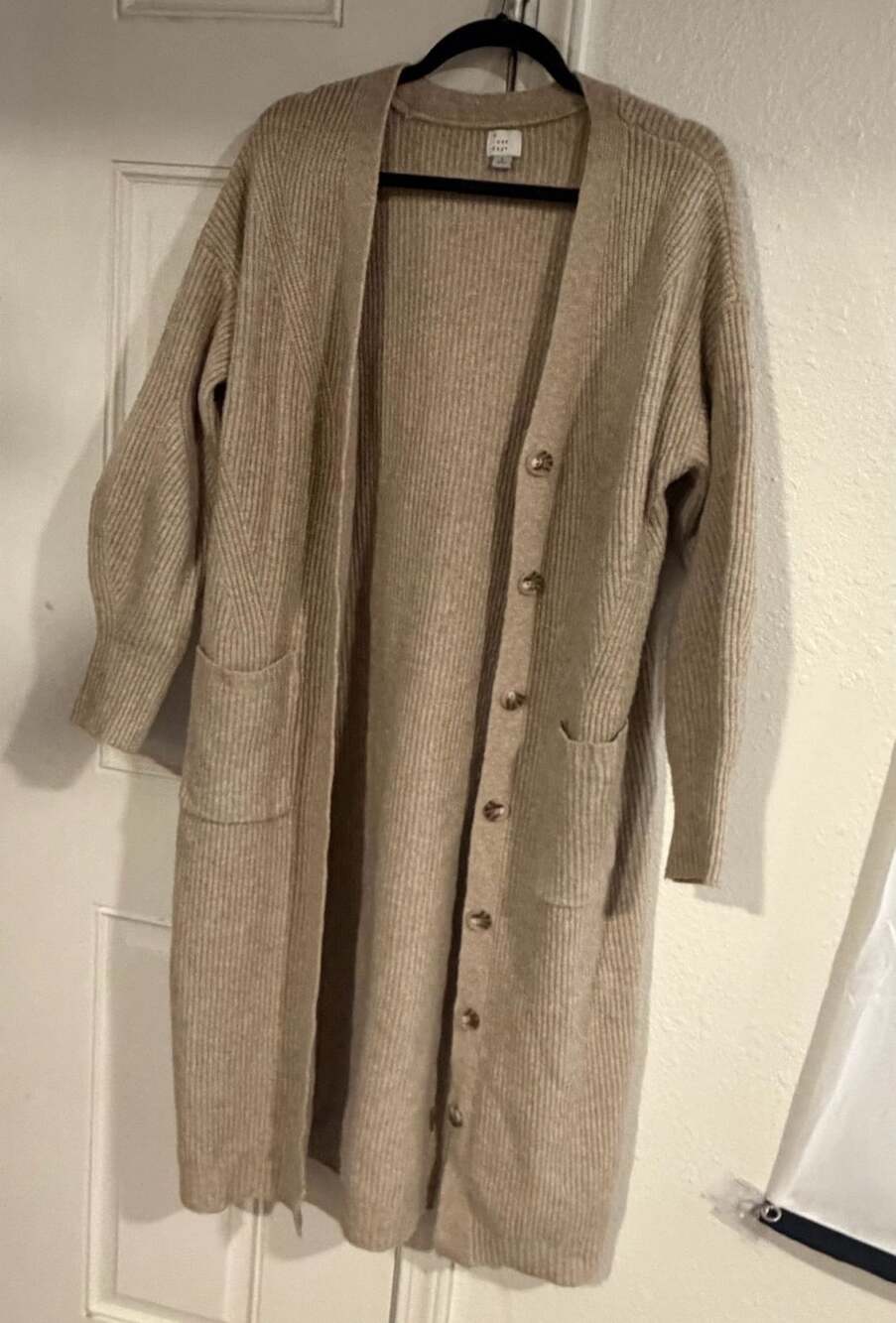 A New Day Women's Ribbed Knit Long Button-Front Cardigan with Pockets Size L